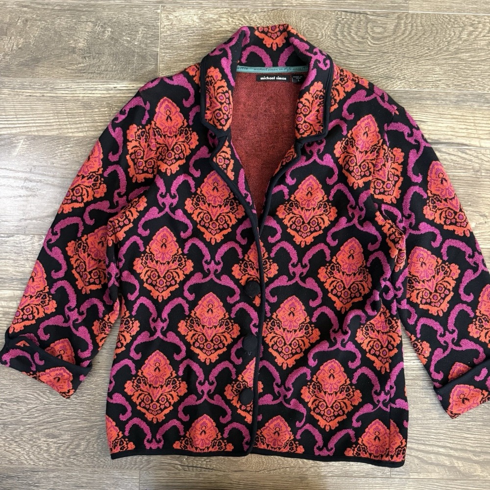 Michael Simon Sweater Cardigan Blazer 3 Button Colorful L Mature Artsy Damask
